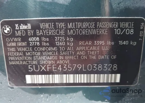 2009 BMW X5 xDrive30I из США, поврежденный, VIN 5UXFE43579L038328